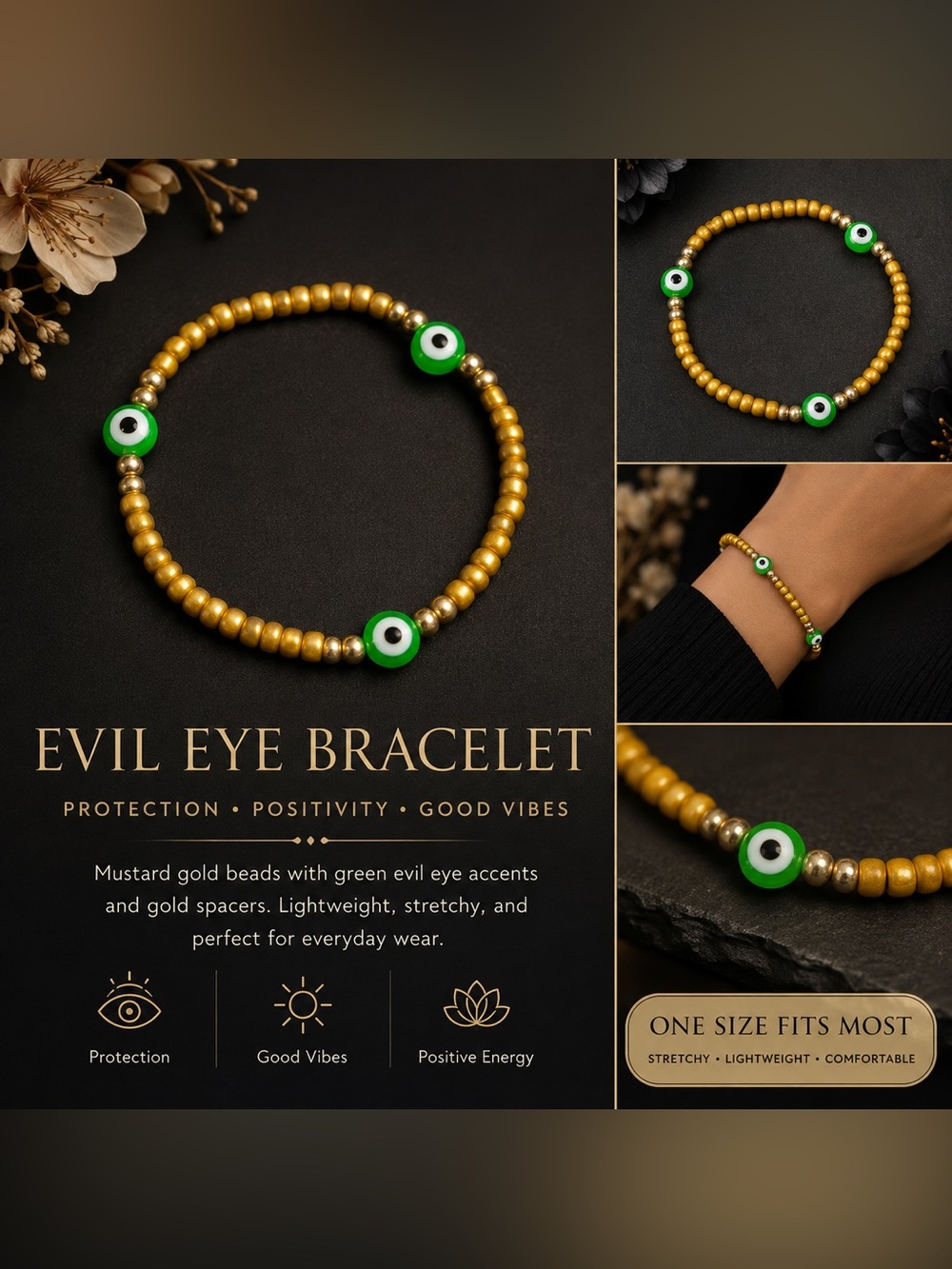 Gold and Green Evil Eye Stretch Bracelet #62